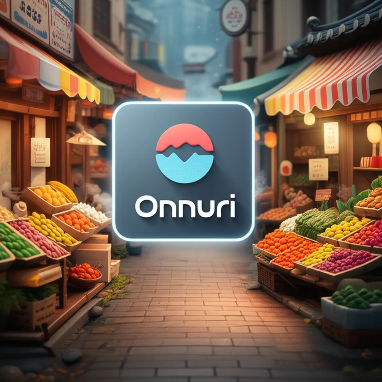 디지털-온누리상품권-아이콘과-전통시장-상점가를-묘사한-귀여운-3D-이미지.-환급받은-상품권의-다양한-사용처를-보여줍니다.