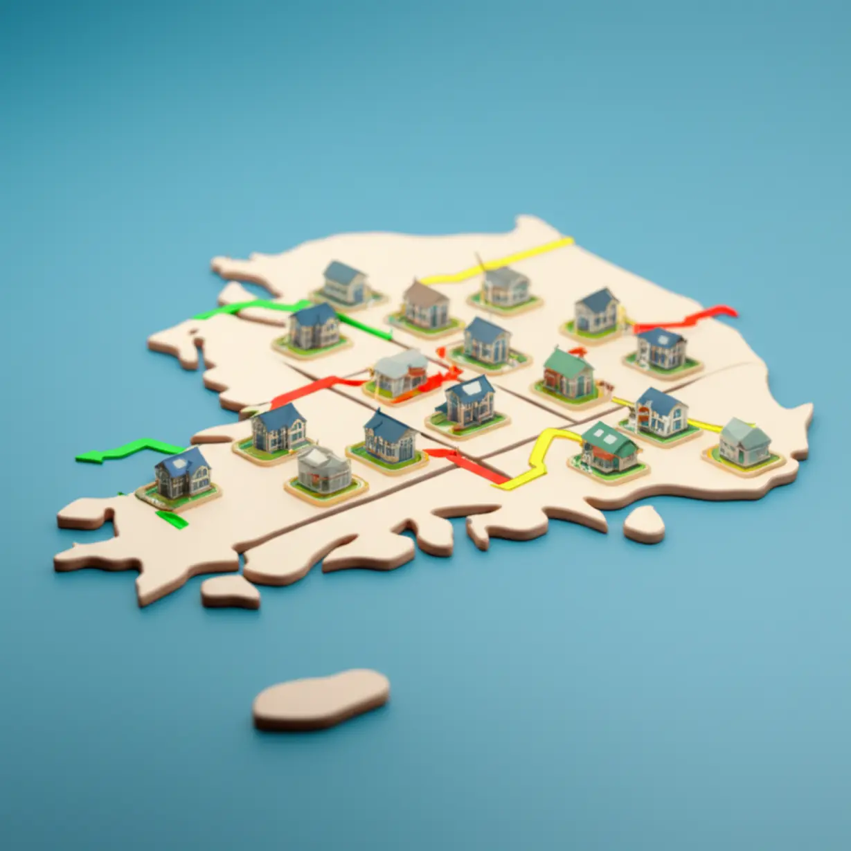 서울,-울산,-세종,-대전,-부산-등-주요-도시별-집값-흐름을-나타내는-귀여운-3D-한국-지도와-다양한-색깔의-화살표-이미지