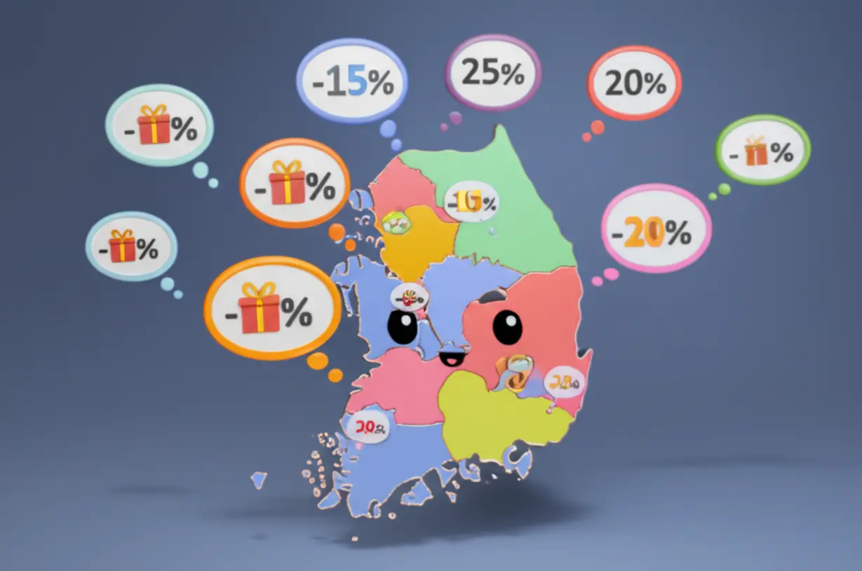 지역별로-다양한-지역사랑상품권-특별-할인율-혜택을-나타내는-한국-지도와-할인율-아이콘.-(A-map-of-Korea-with-discount-rate-icons-showing-various-local-love-gift-certificate-special-discount-benefits-by-region.)