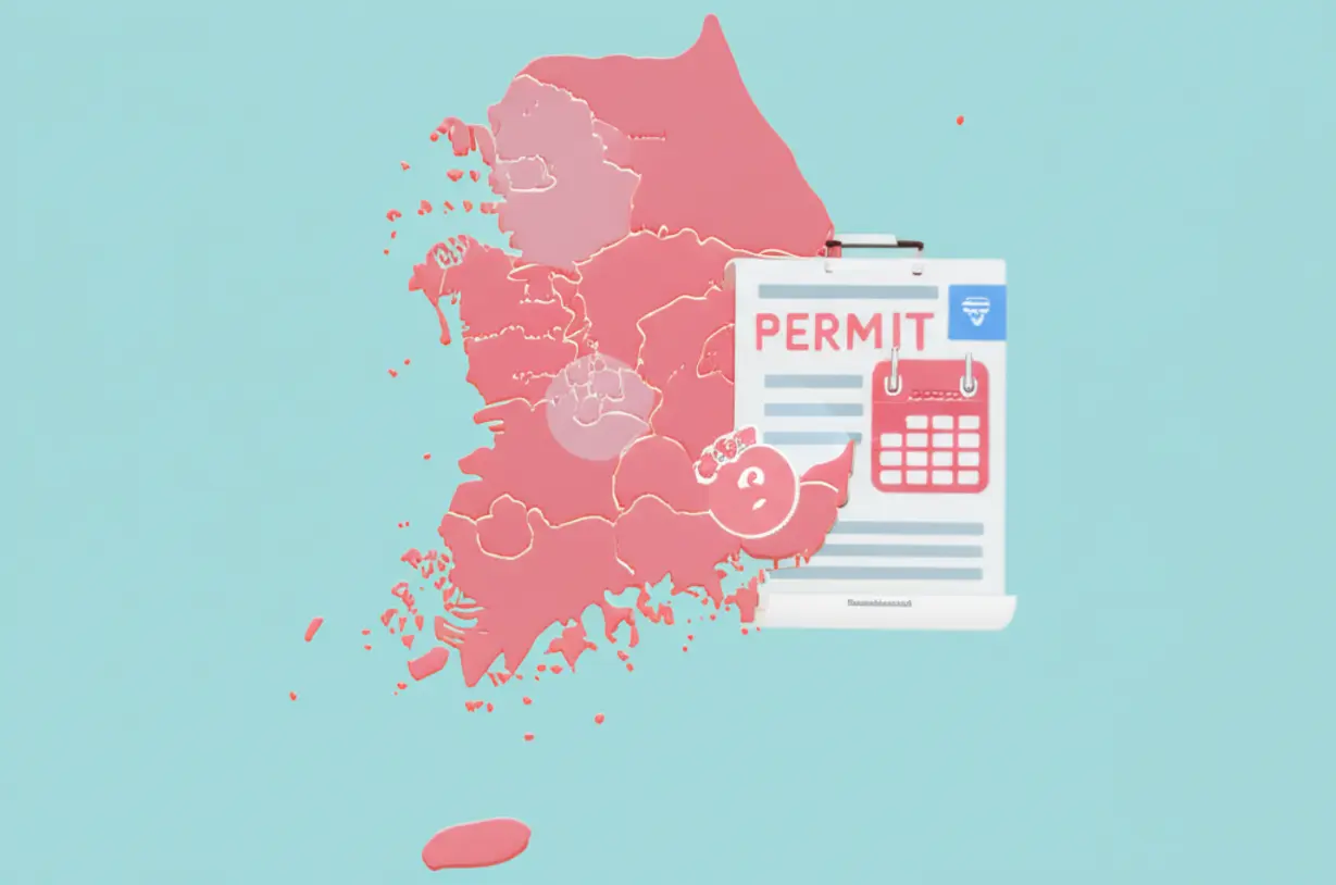 외국인-토지거래허가구역을-표시한-한국-지도와-허가증,-2년-실거주-의무를-상징하는-달력-아이콘.-규제-지역과-허가-절차를-직관적으로-나타냅니다.