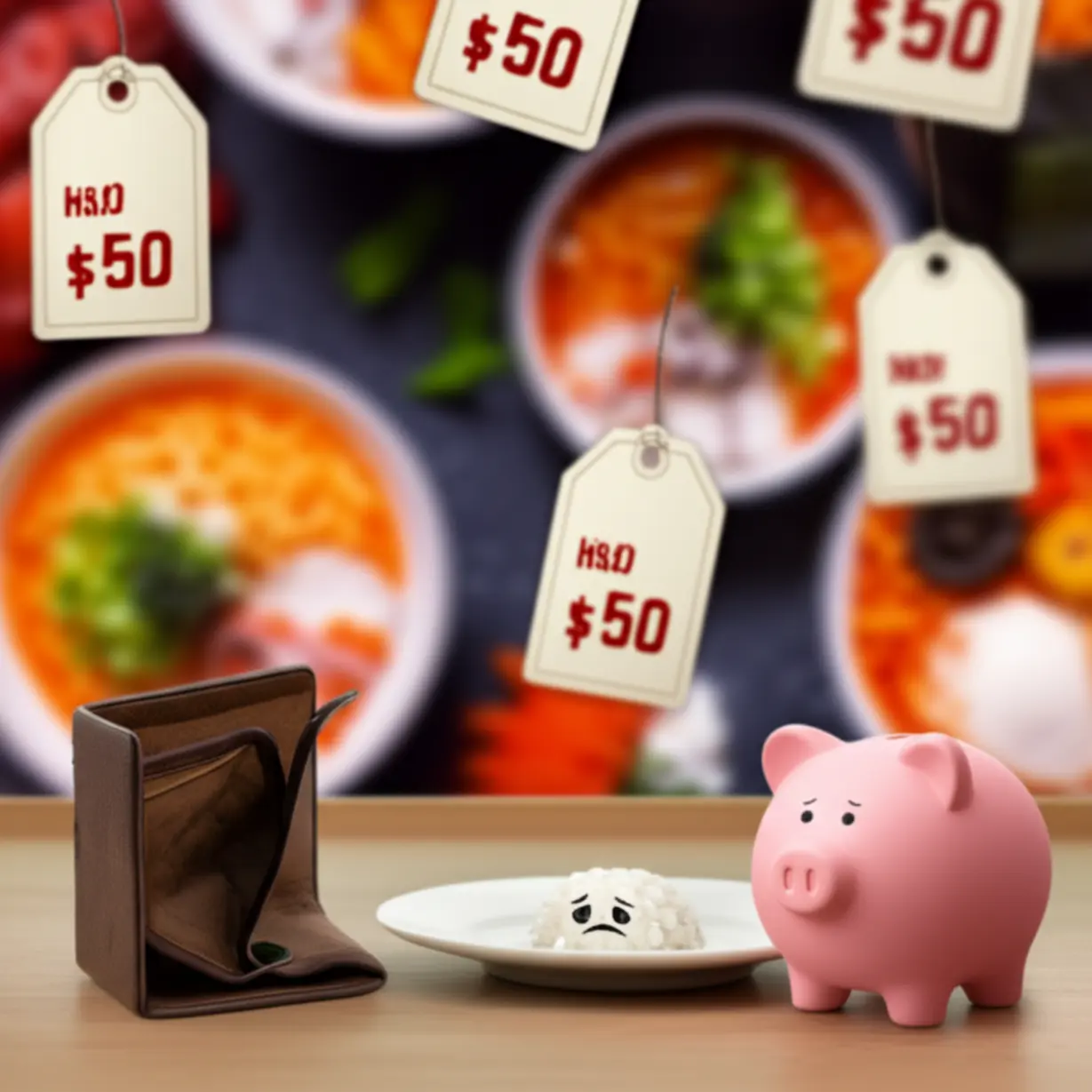 고물가-시대-직장인-점심값-부담을-상징하는-비어있는-지갑과-높은-가격표가-붙은-음식들.-서민-경제의-어려움을-보여주는-3D-이미지입니다.