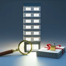 시세보다-저렴한-아파트-전세-계약-시-안전을-점검하는-모습.-돋보기로-꼼꼼히-살펴보는-아파트와-안전하게-묶인-전세-계약서,-보증금-보호를-상징하는-자물쇠가-있는-귀여운-3D-이미지.