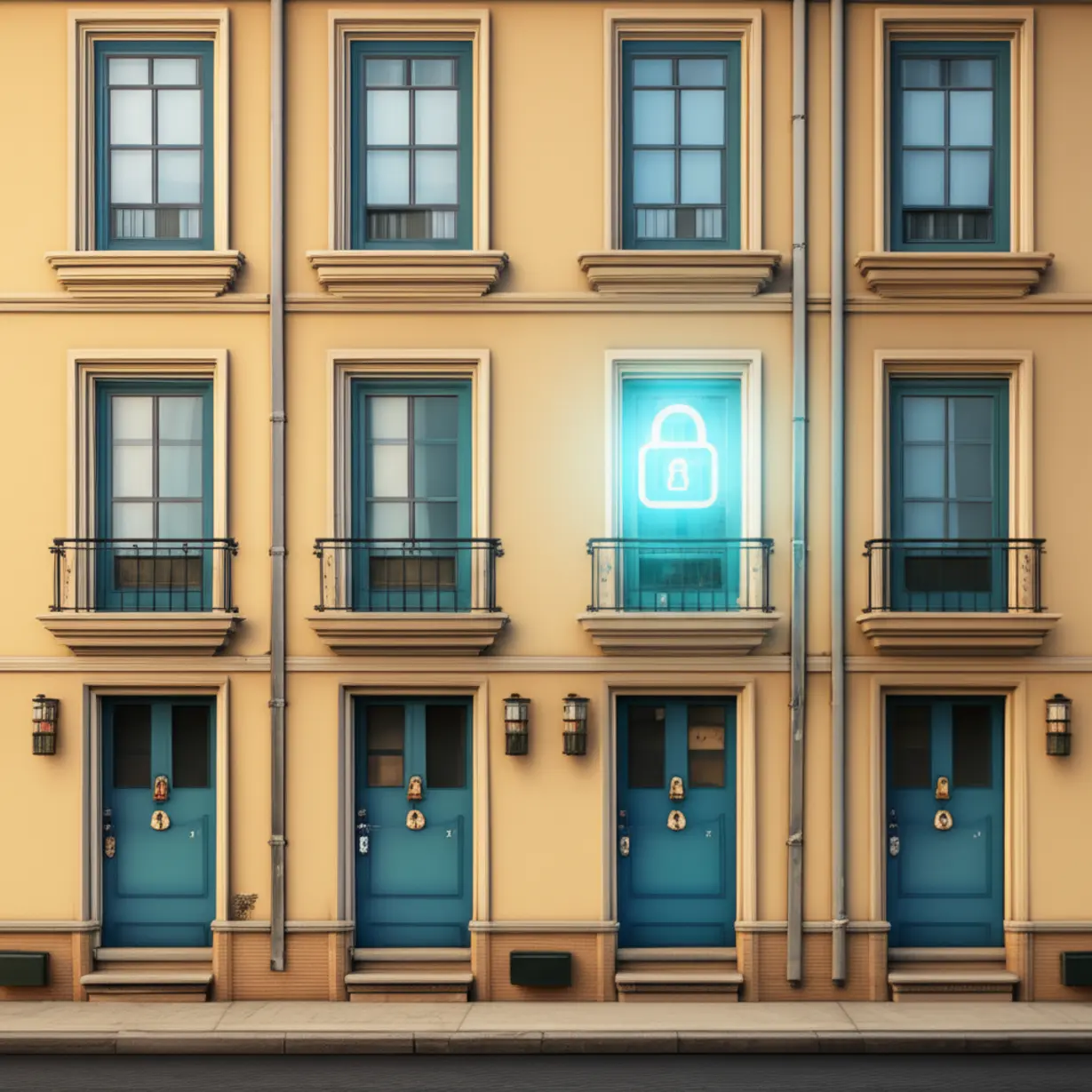 여러-세대가-사는-다가구주택의-안전한-전세-계약을-상징하는-3D-이미지입니다.-여러-문이-달린-건물과-공유된-안전-장치가-보증금-보호의-중요성을-보여줍니다.