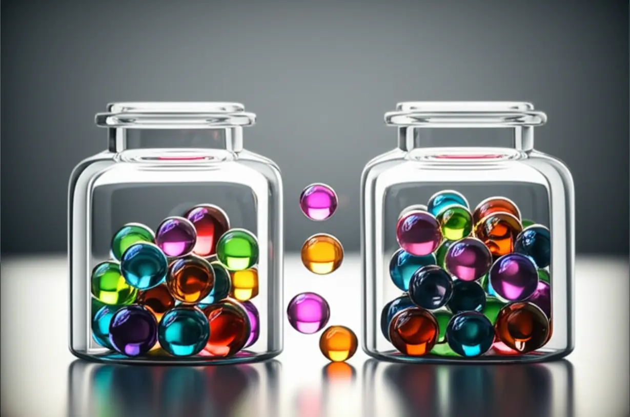 콜마홀딩스-주주들의-지분율을-상징하는-두-개의-유리병에-담긴-알록달록한-구슬-3D-이미지.-경영권-다툼의-지분-현황을-보여주는-그림.