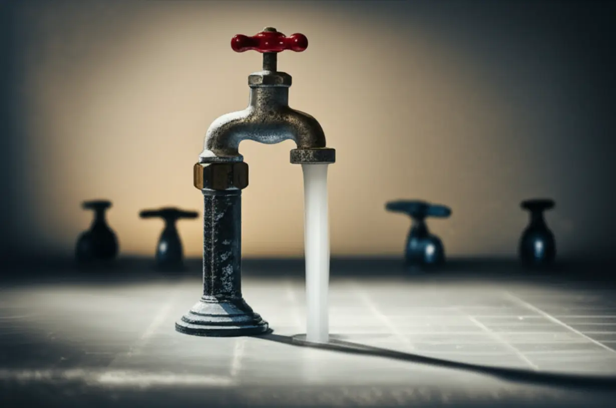 귀여운-3D-일러스트로-표현된,-하나의-낡은-수도꼭지가-큰-집-전체에-물을-대려고-애쓰지만-물이-거의-나오지-않는-모습.-강릉이-단일-수원에-과도하게-의존하여-겪는-물-부족-문제를-은유적으로-보여줍니다.