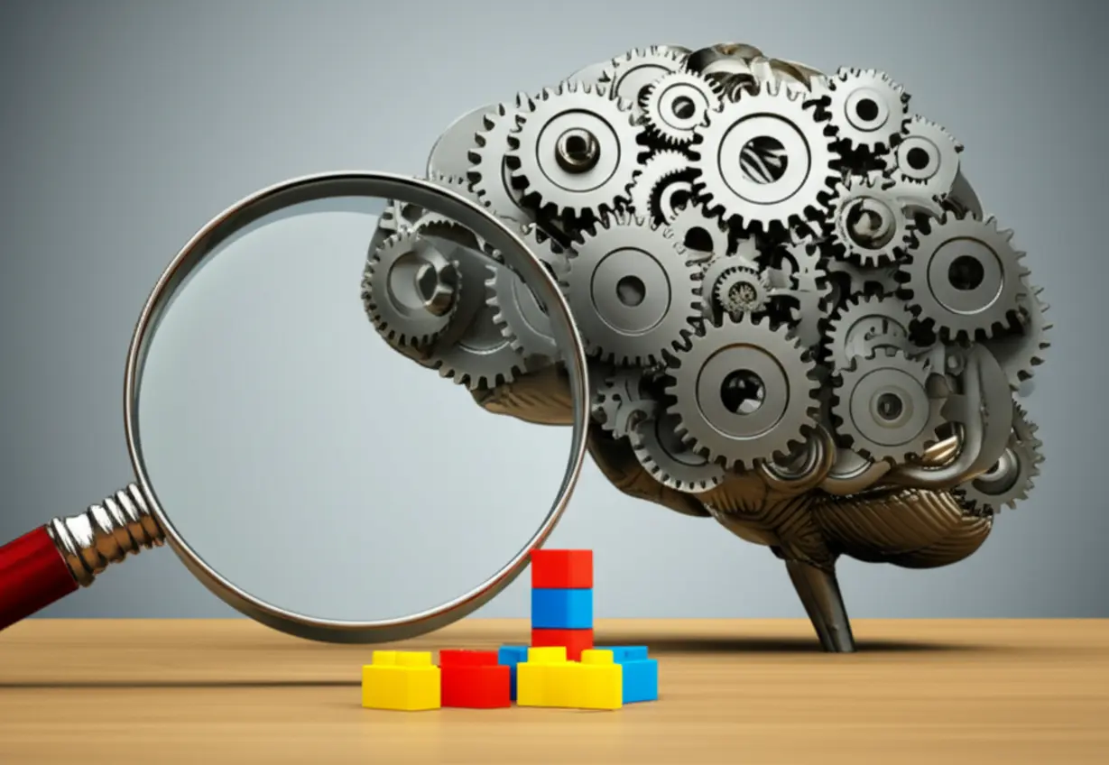 귀여운-3D-톱니바퀴-두뇌가-돋보기로-작은-블록들을-살펴보는-모습.-공모주-투자를-할-때-신중하게-정보를-확인하는-지혜로운-방법을-상징합니다.
