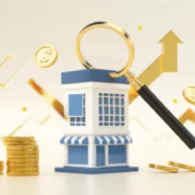 오피스텔-건물과-돈다발,-돋보기가-어우러진-귀여운-3D-일러스트.-오피스텔-담보대출-금리-확인과-부동산-투자에-대한-현명한-결정을-상징합니다.