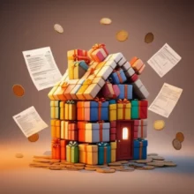 부동산-증여세를-아끼는-현명한-방법을-상징하는,-선물-상자로-이루어진-따뜻한-집과-그-주변에-떠다니는-동전,-세금-서류-이미지