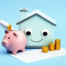 미소를-짓는-예쁜-집과-서류,-돈을-아끼는-저금통이-함께-있는-부동산-셀프등기-안내-그림입니다.