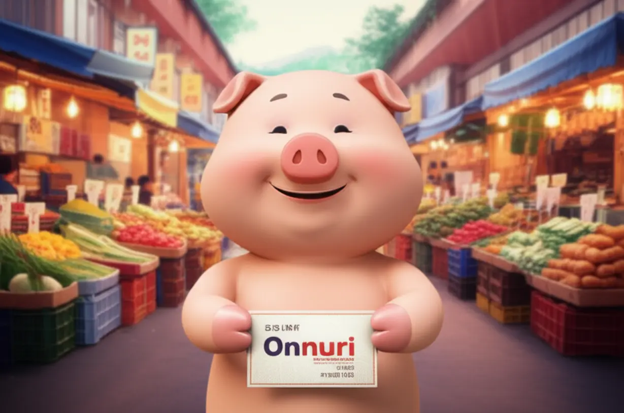 생활비-절약을-상징하는-귀여운-저금통이-온누리상품권을-들고-전통시장-풍경을-배경으로-웃는-3D-이미지,-알뜰-소비와-지역경제-활성화를-보여줍니다.