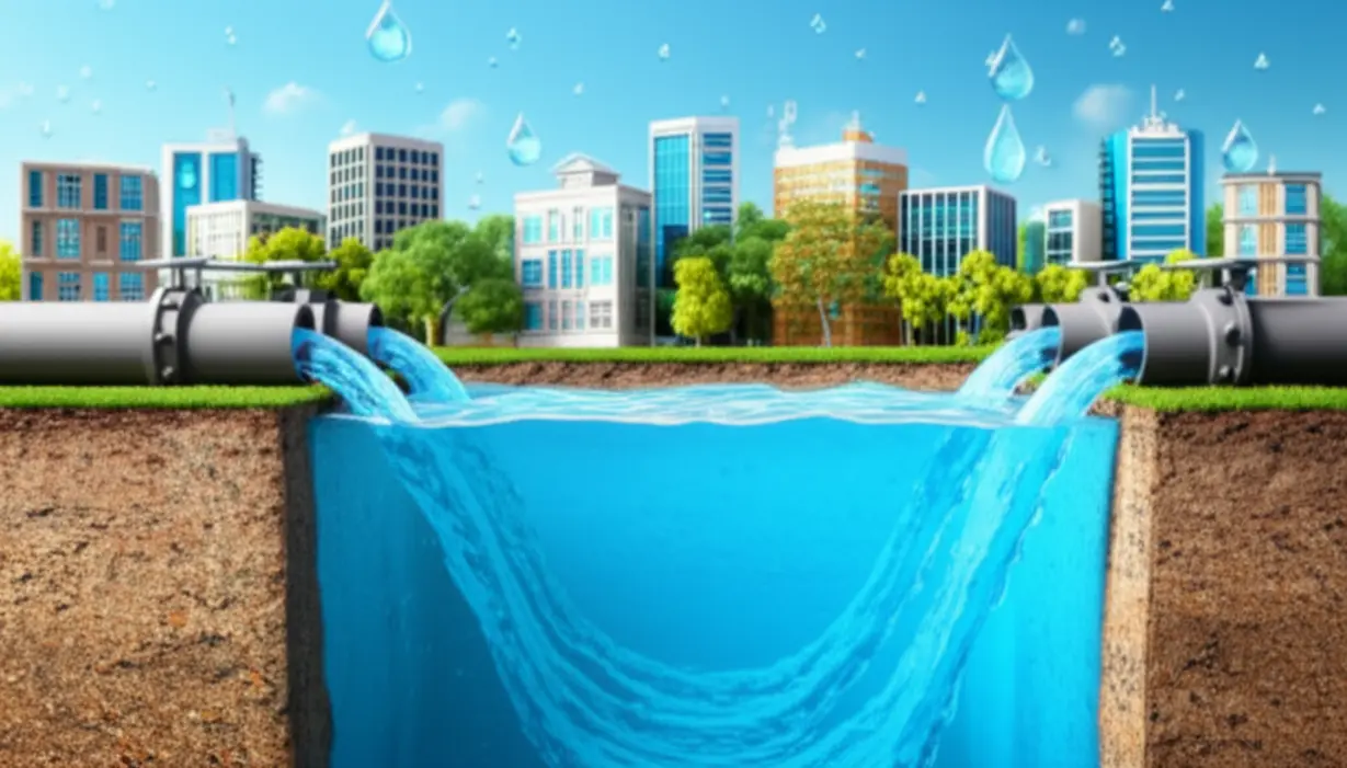 귀여운-3D-일러스트로-표현된-지하댐-단면도.-깨끗한-지하수가-풍부하게-저장되어-여러-파이프를-통해-푸른-도시에-안정적으로-공급되는-모습.-속초의-지하댐과-성공적인-수자원-다변화-전략을-보여줍니다.