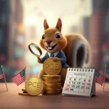 미국-경제-지표인-PCE-지수를-분석하는-귀여운-다람쥐-캐릭터가-돋보기로-9월-금리-인하-달력을-보는-모습.-연준의-정책-변화를-암시합니다.