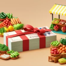 전통시장-상품들이-놓인-배경에-빨간-리본으로-묶인-온누리상품권-뭉치,-알뜰한-소비와-지역경제-활성화를-상징하는-귀여운-3D-이미지입니다.