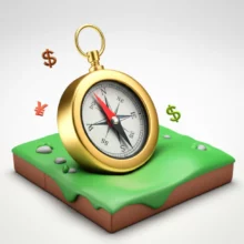 표준지공시지가를-나타내는-밝은-녹색-땅-위에-놓인-귀여운-나침반과-돈-모양-아이콘.-부동산-시장의-땅값-기준과-세금-산정-역할을-상징하는-이미지입니다.