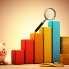 알록달록한-블록으로-만들어진-귀여운-주식-차트와-그-위를-살펴보는-돋보기,-미소-짓는-돼지-저금통-캐릭터가-금화와-함께-있는-모습입니다.-주식-투자-분석과-자산-관리를-상징합니다.