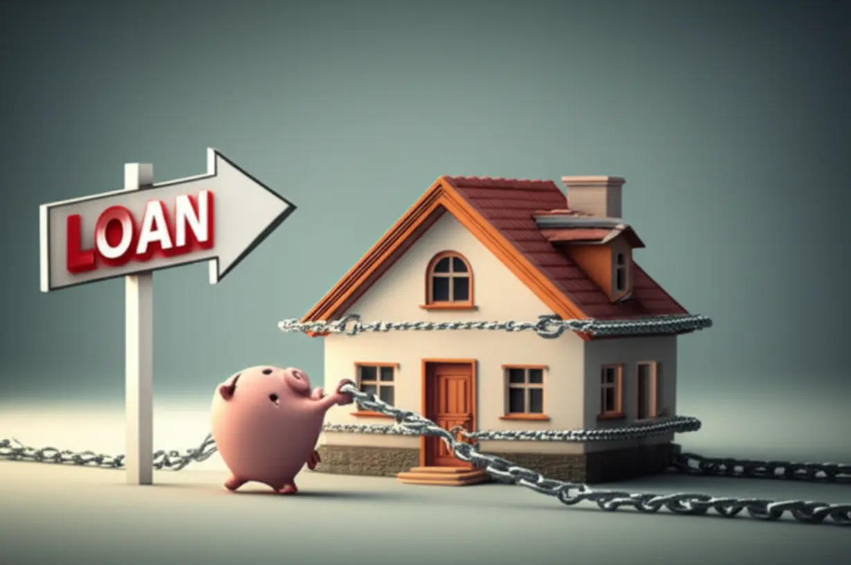 주택담보대출과-전세자금대출의-강화된-규제를-상징하는-귀여운-3D-이미지.-작은-집-주변에-밧줄이나-사슬이-감겨-있고,-슬픈-돼지-저금통이-대출-표지판에-닿으려-하지만-막혀-있는-모습.