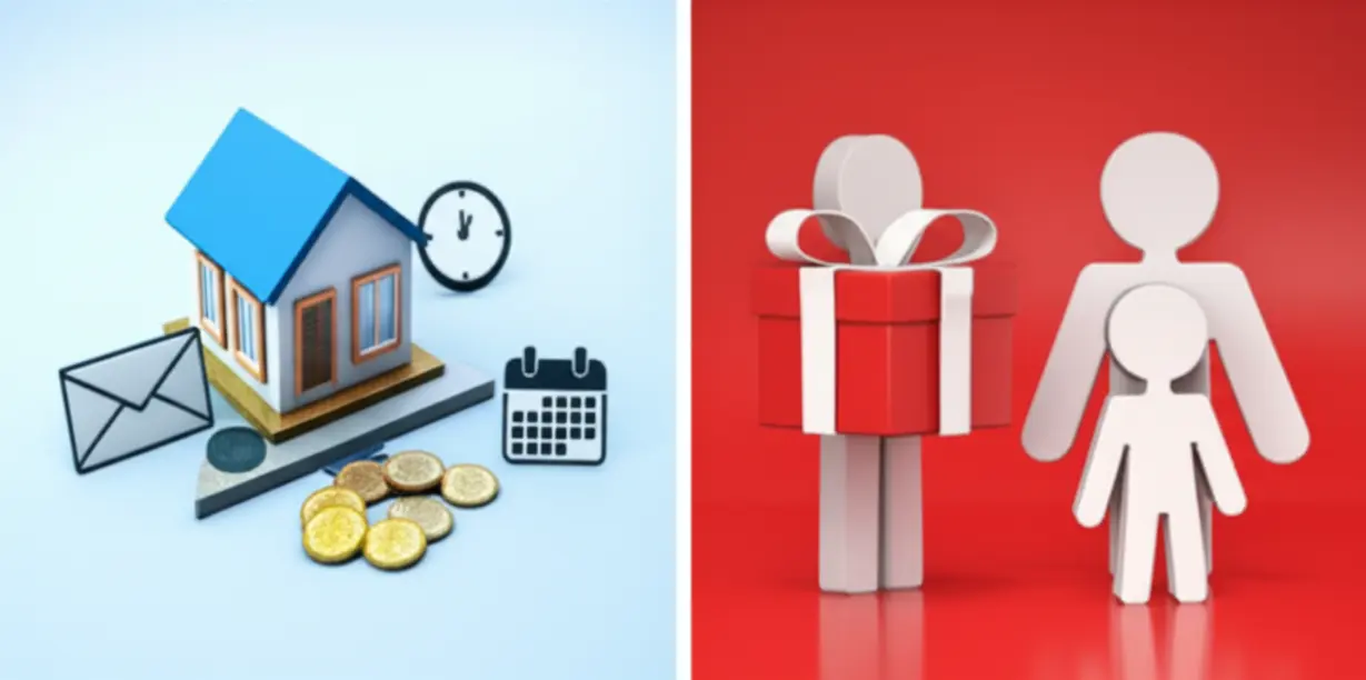 집-모형과-돈,-선물-상자가-있는-3D-이미지.-상속세-납부-방법(물납,-분할-납부)과-상속세-절감을-위한-사전-증여-활용법을-한눈에-보여주어-재산-계획에-도움을-줍니다.