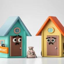 세입자-월세-미납과-집주인-보증금-반환-지연으로-고민하는-두-귀여운-3D-만화-집-모습,-부동산-전월세-분쟁을-나타내는-이미지.