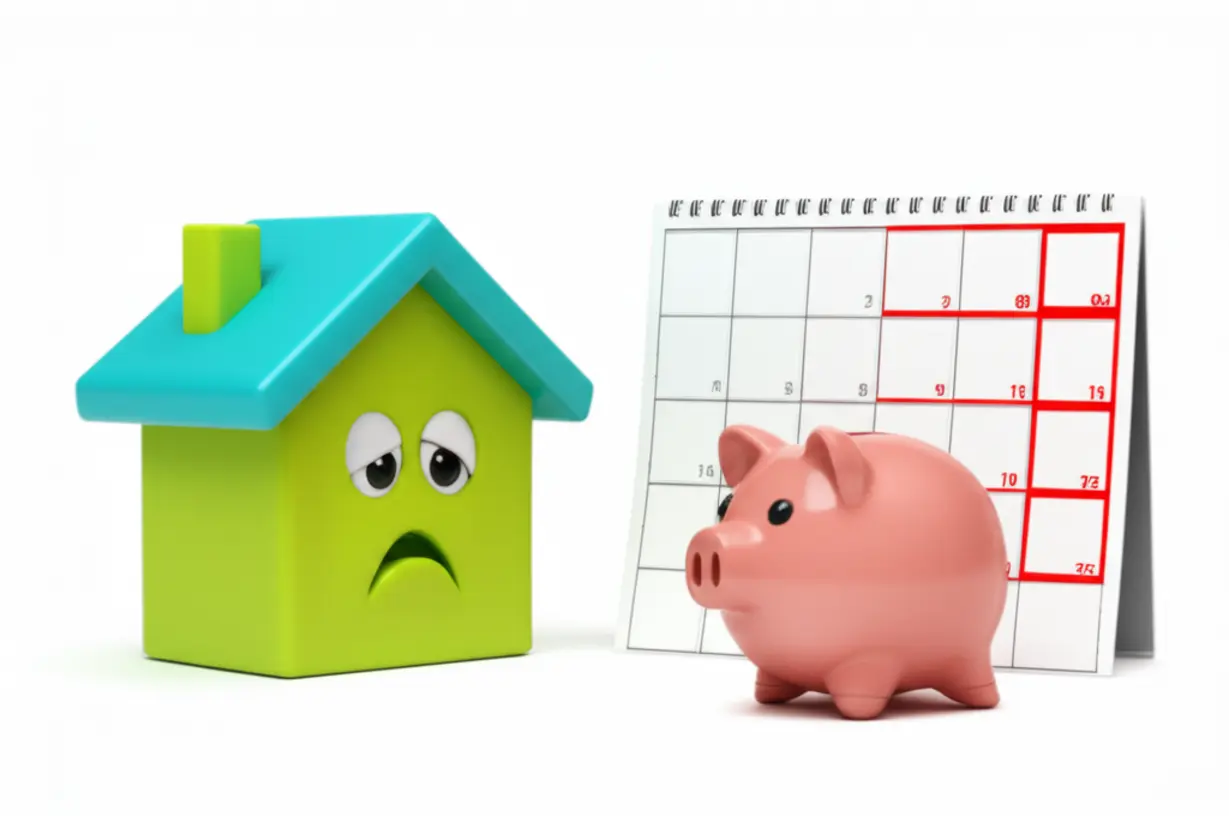 귀여운-3D-만화-집이-텅-빈-돼지-저금통을-보고-있는-모습,-세입자-월세-미납-상황을-상징하며-월세-연체-문제를-보여줍니다.