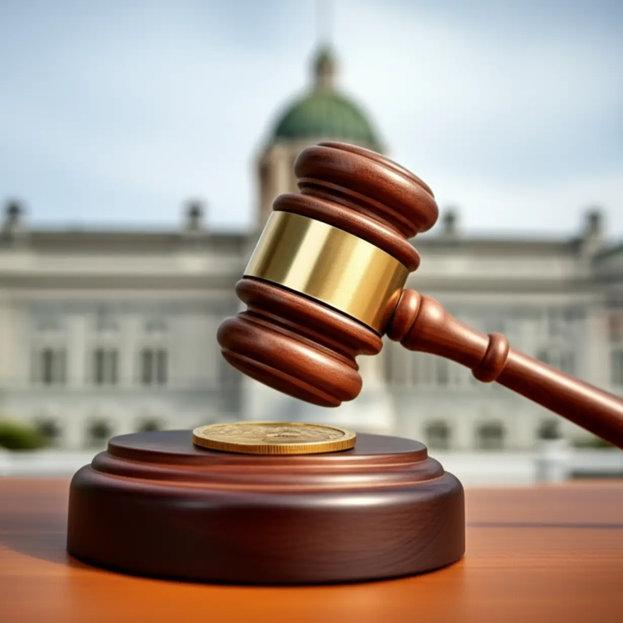 태국-정책-결정-심볼인-판사봉이-코인을-치는-모습,-정부-건물이-배경에-있는-귀여운-이미지