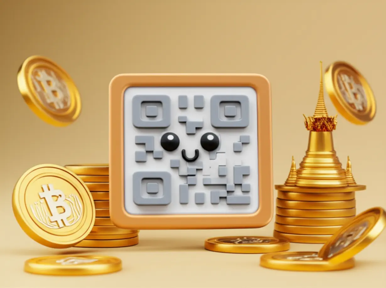 태국-여행-가상화폐-QR-코드-결제-아이콘,-디지털-코인과-태국-사원이-어우러진-모습