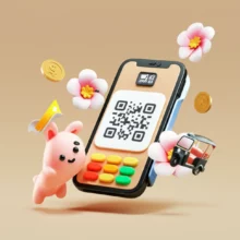 태국-여행-스마트폰-QR-결제와-가상화폐-코인-아이콘,-귀여운-툭툭이와-전통-태국-건축물이-어우러진-모습