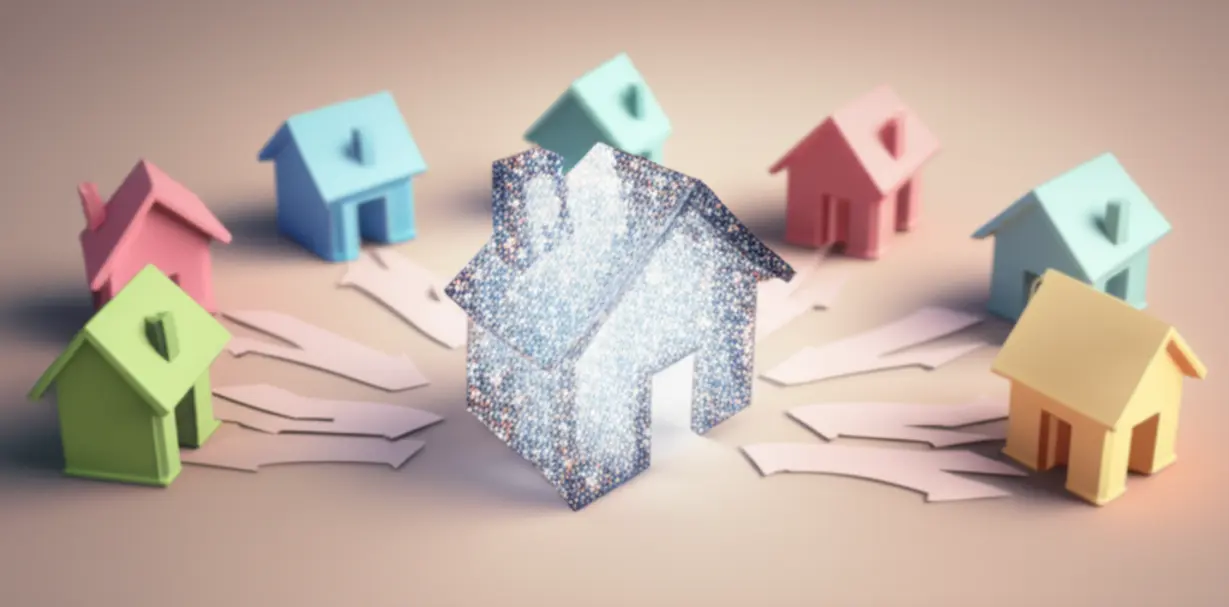 화려하고-돋보이는-하나의-집과-그-주변의-작은-집들을-나타내는-귀여운-3D-그림.-