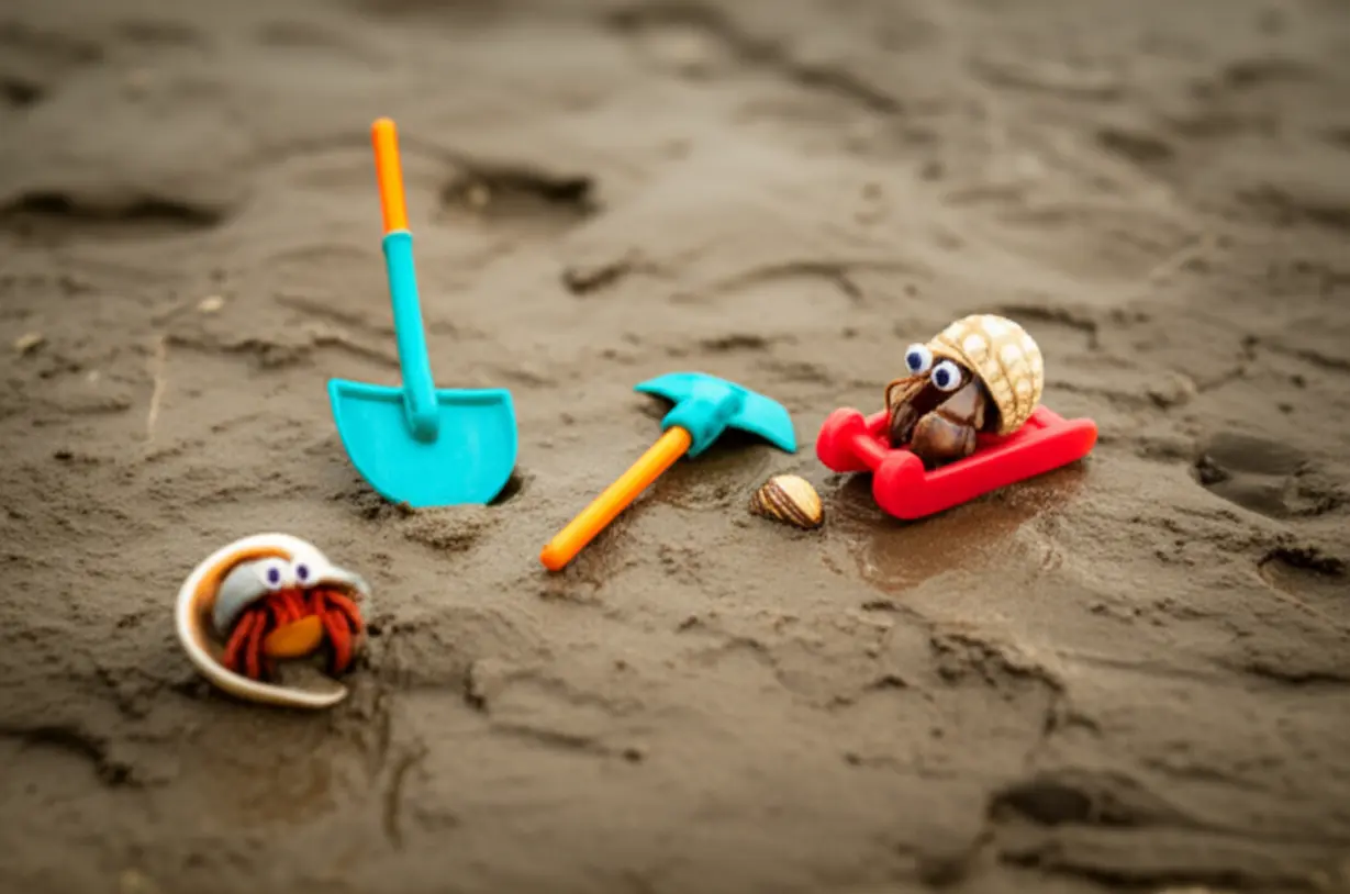 갯벌체험에-필요한-호미,-썰매와-갯벌에서-만난-귀여운-게,-조개-이미지.-아이들이-좋아할-만한-갯벌-놀이-준비물.