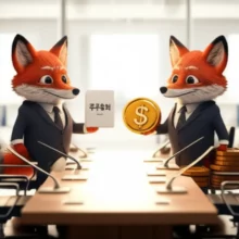 콜마홀딩스-주주총회를-상징하는-귀여운-3D-여우-두-마리가-주식과-서류를-들고-회의하는-모습.-콜마홀딩스-경영권-분쟁-상황을-보여주는-이미지.