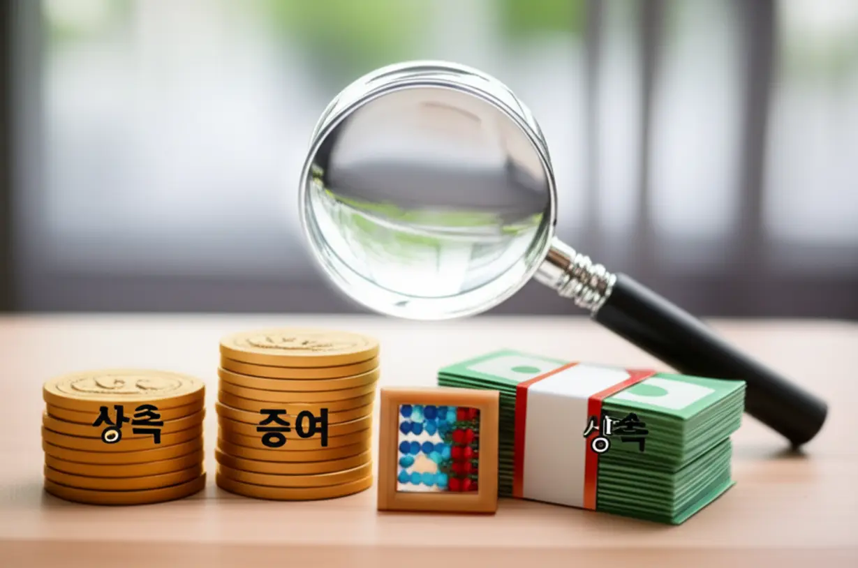 증여와-상속을-구분하고-증여세를-계산하는-과정을-상징하는-돋보기,-동전-더미,-계산기-이미지