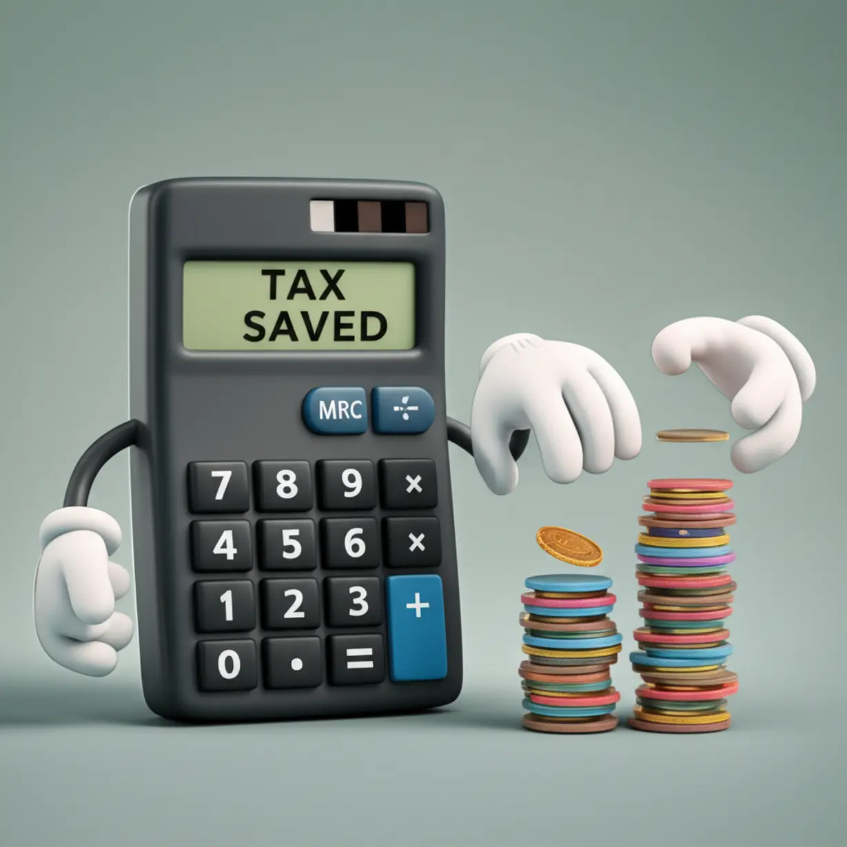 양도세-절감-효과를-보여주는-이미지.-커다란-계산기가-세금-절약-금액을-보여주고,-두-손이-동전-더미를-정확히-나누는-모습으로-부부-공동명의의-세금-분산-효과를-시각적으로-설명합니다.