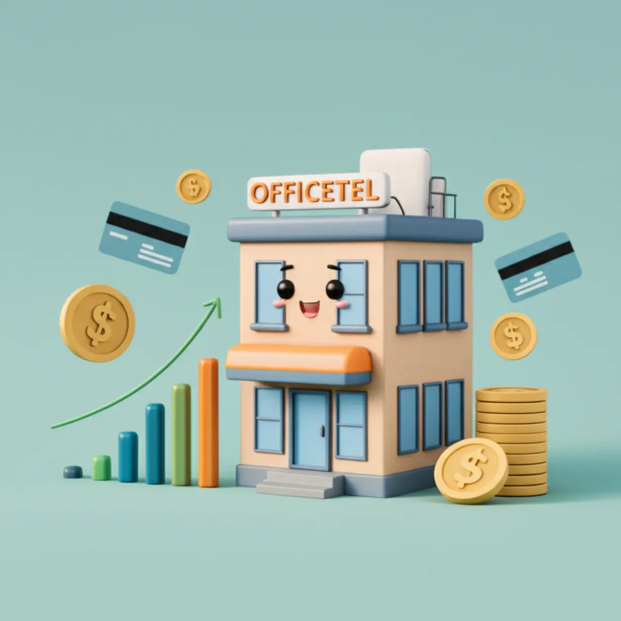 그래프와-동전-아이콘이-함께-있는-귀여운-오피스텔-3D-일러스트.-오피스텔-담보대출-금리-변동과-신용등급의-중요성을-시각적으로-보여줍니다.