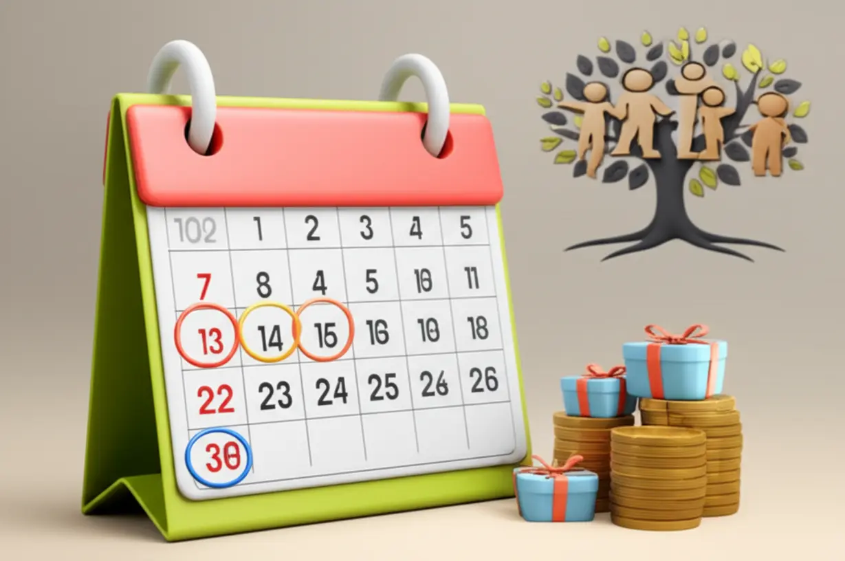 10년-단위-증여-계획과-직계-가족-간-재산-이전을-나타내는-달력,-동전,-가족나무-아이콘-이미지