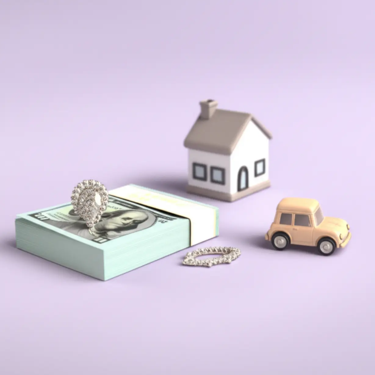 작은-집-모형,-현금-뭉치,-보석,-자동차-모형-등-다양한-재산이-가지런히-놓여-있는-3D-이미지.-상속세가-부과되는-여러-형태의-재산을-설명하는-상속-재산-종류를-나타냅니다.