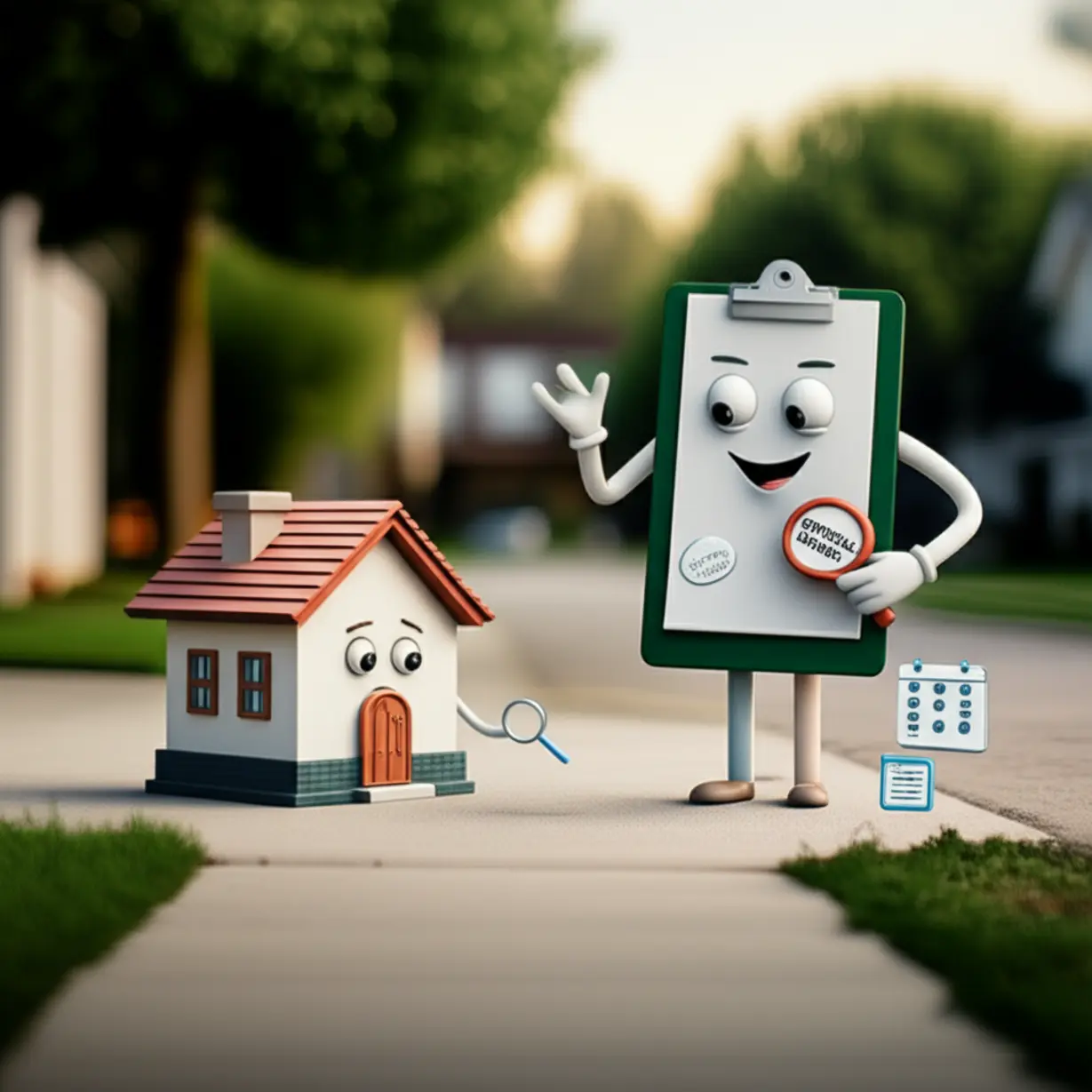 비대면-조사-후-방문-사실조사가-필요한-상황을-나타내는-귀여운-3D-집과-공무원-클립보드-캐릭터-이미지입니다.-중점-조사-대상-세대-확인의-중요성을-시각화합니다.