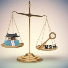 전세-대출-한도-축소로-인한-부동산-시장의-균형-변화를-나타내는-귀여운-3D-이미지.-한옥이-저울-위에서-전세-보증금과-대출-서류-사이의-균형을-잡는-모습.