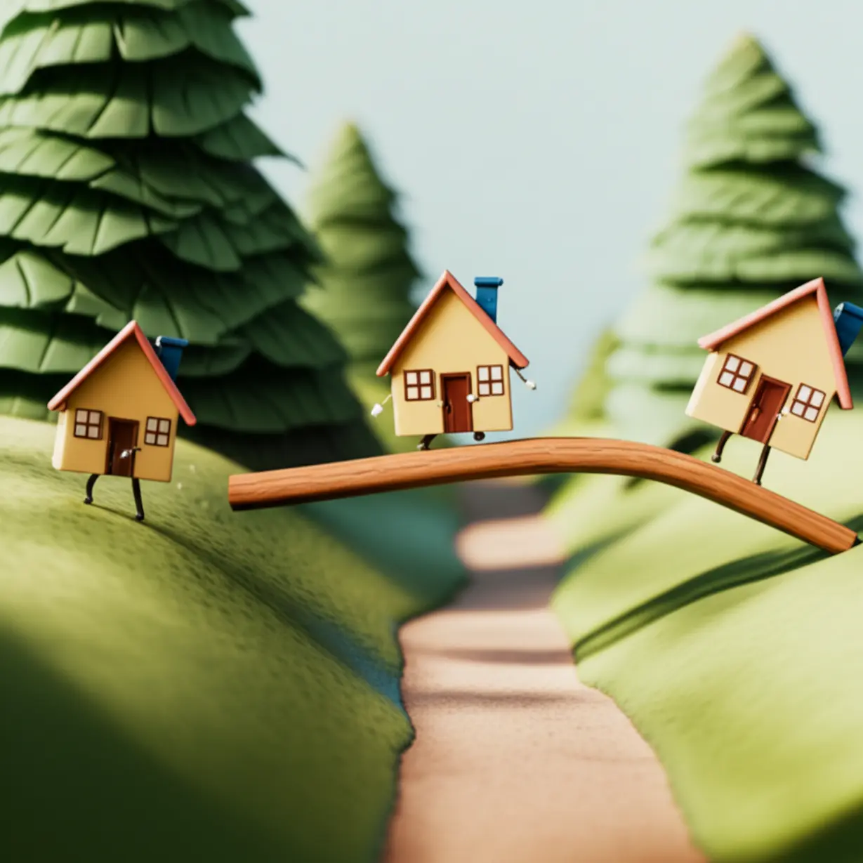 대출에-대한-현명한-태도를-보여주는-귀여운-3D-다리-건너는-집-이미지.-무리하지-않는-아파트-대출-활용의-중요성을-표현합니다.