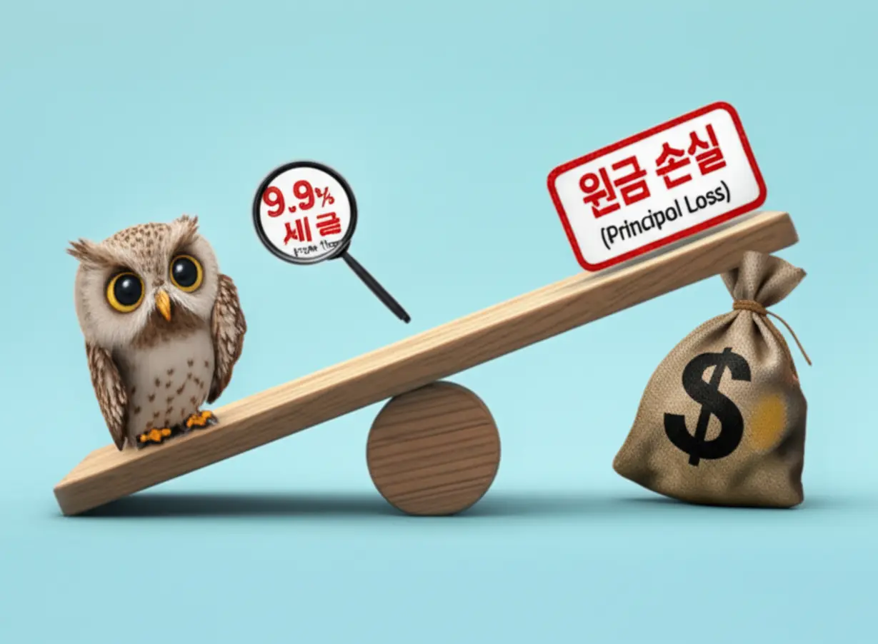 비과세와-원금-손실-위험-사이에서-고민하는-귀여운-올빼미.-ISA-계좌-투자-시-발생할-수-있는-원금-손실-위험과-비과세-한도-초과-시-9.9%-분리과세가-적용되는-세금-오해를-설명합니다.