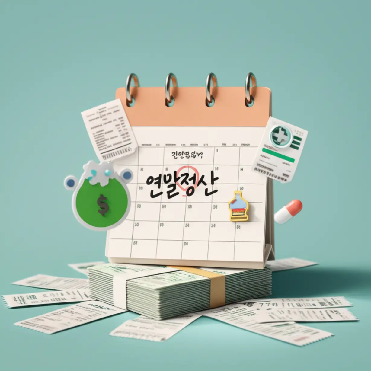연말정산-달력과-의료비,-교육비-아이콘,-현금영수증이-한데-모여-추가-소득공제-혜택을-보여주는-깔끔한-3D-이미지