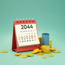 2044년-달력의-황금연휴를-강조한-귀여운-3D-이미지,-금화와-작은-회사-건물-모형이-함께-있어-직장인의-희망과-미래를-표현합니다.