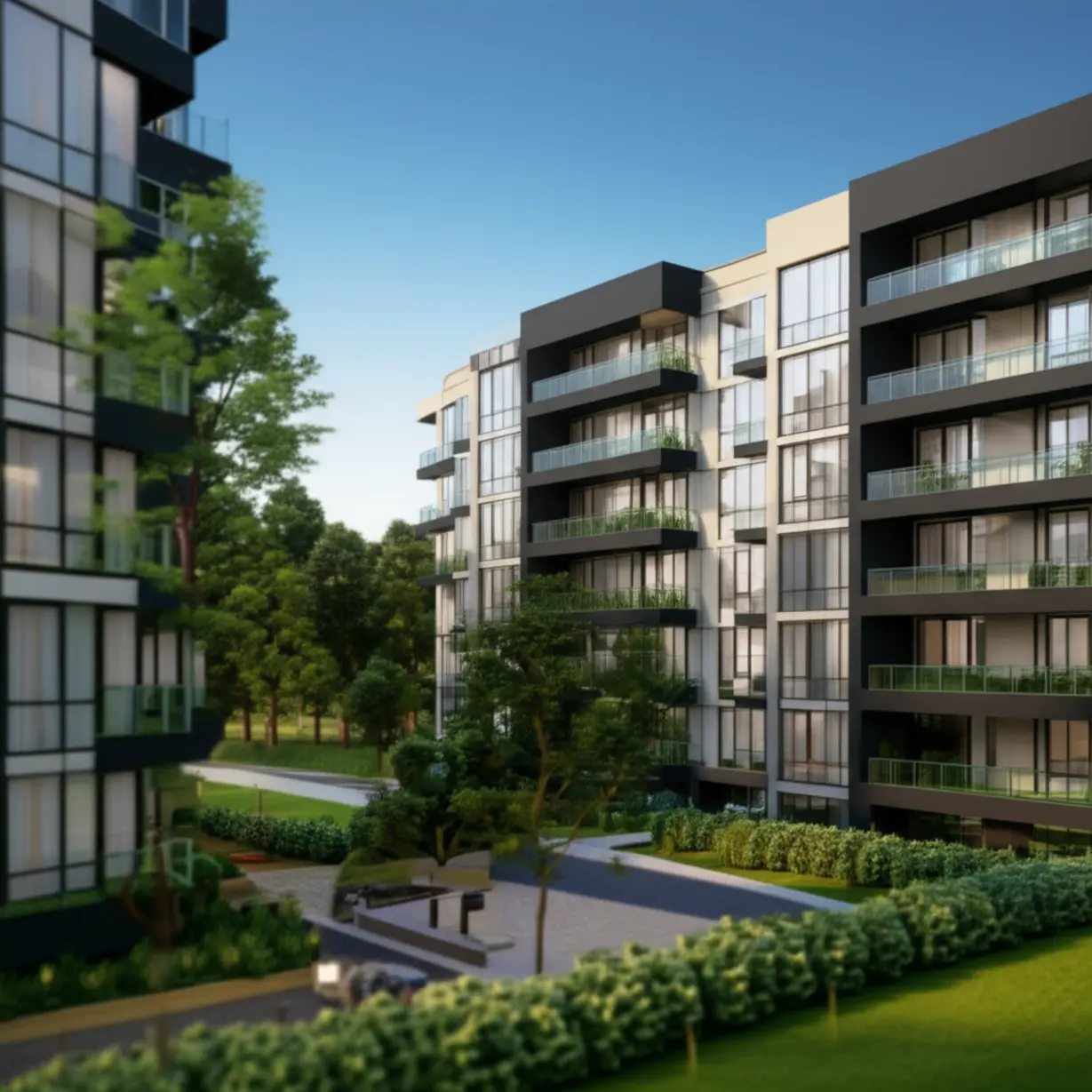 장유-더샵-신문그리니티-2차-아파트의-전체적인-모습을-보여주는-귀여운-3D-모형-이미지,-주변-조경과-어우러진-현대적인-단지-배치도를-연상시킵니다.