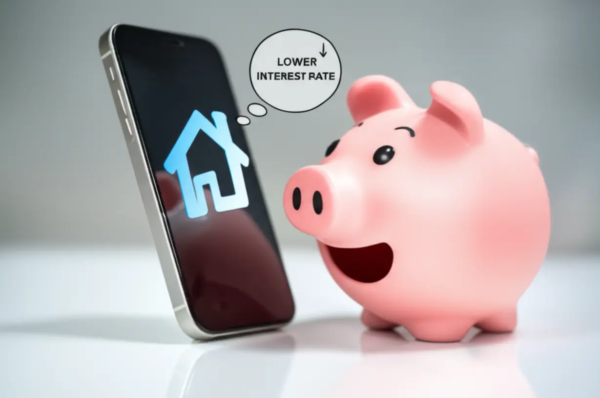 카카오뱅크-아낌e-보금자리론의-비대면-신청-편리함과-낮은-금리-혜택을-보여주는-귀여운-3D-저금통-캐릭터와-스마트폰-이미지.