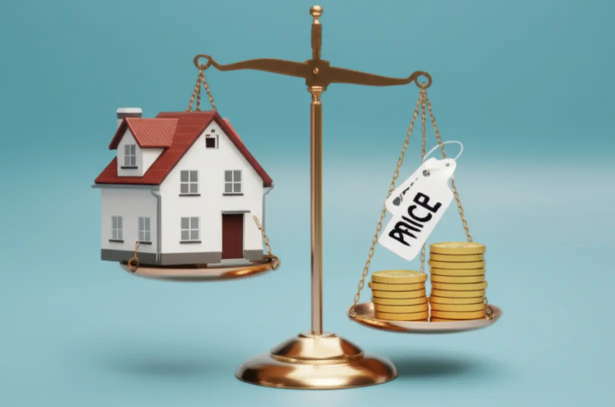 저울-위에서-아파트-모형과-돈뭉치가-균형을-이루는-모습.-분양가상한제에-따라-땅값,-건축비-등을-신중하게-계산하여-적정-분양가를-정하는-과정을-상징합니다.