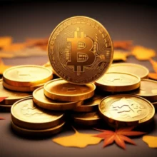 추석-연휴-동안-역대-최고가를-달성한-비트코인-골드-코인과-주변에-가을-단풍잎이-놓인-모습.-가상자산-비트코인-시세-급등을-상징하는-이미지.