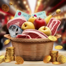 추석-장바구니에-가득한-신선한-농축수산물과-온누리상품권,-할인-혜택을-상징하는-동전들이-함께-있는-모습.-전통시장-풍경을-배경으로-알뜰한-추석-장보기를-표현한-귀여운-3D-이미지.