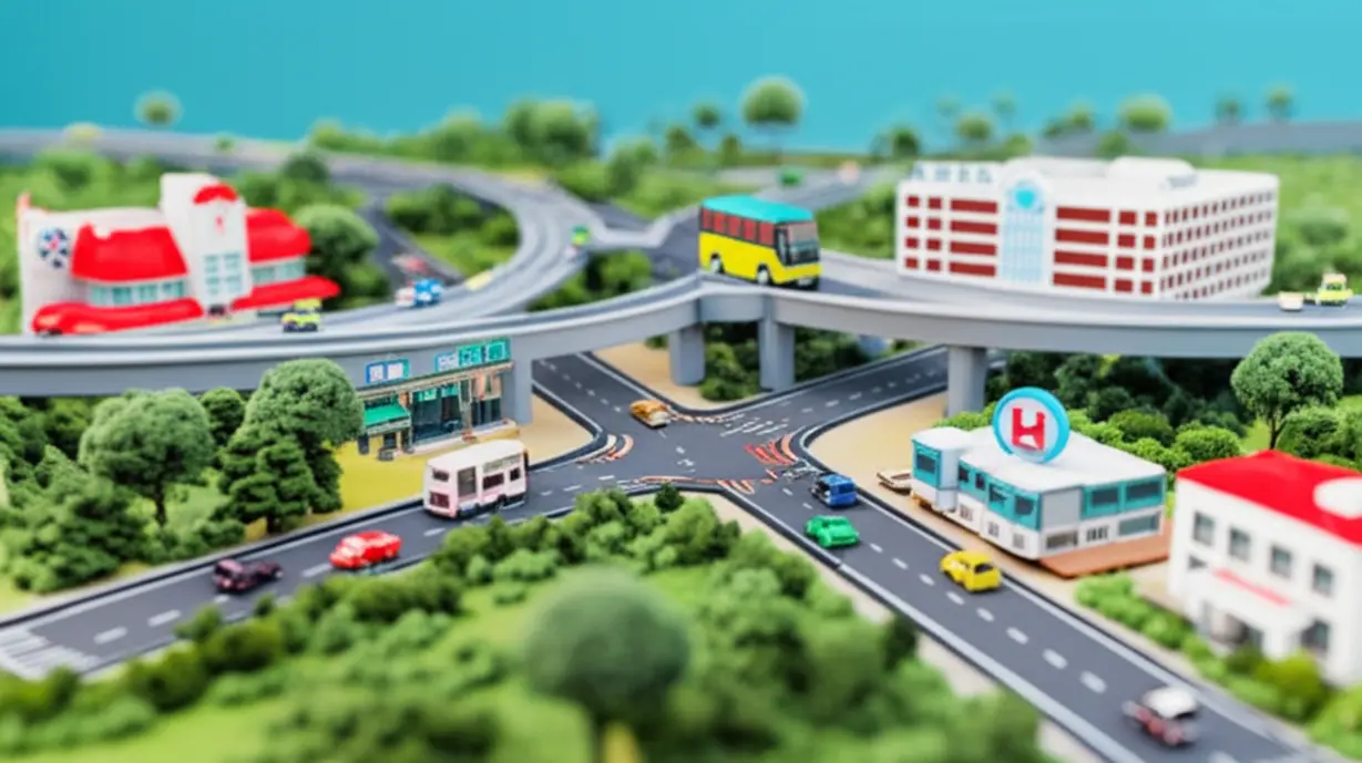 두산위브더제니스-청주-센트럴파크-주변의-편리한-교통과-생활-인프라를-귀여운-3D로-표현한-이미지입니다.-도로와-대중교통,-마트,-병원-등이-오밀조밀하게-배치되어-있습니다.