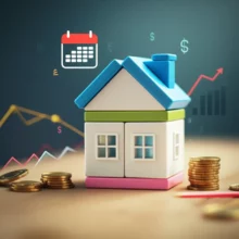 따뜻한-느낌의-벽돌집-주택과-대출-이자-상환을-잠시-미루는-듯한-달력,-안정적인-금융-흐름을-상징하는-동전들이-함께-있는-귀여운-3D-이미지.-주택담보대출-거치기간의-의미를-나타냅니다.