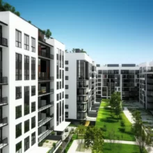 김해-장유-더샵-신문그리니티-2차-아파트의-깔끔하고-현대적인-외관을-보여주는-3D-이미지,-주변-조경과-어우러져-편안한-주거-환경을-연상시킵니다.