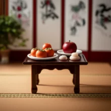 차례상-위-예쁜-3D-감,-사과,-떡-모형이-놓인-모습,-추석-차례-의미를-담은-정성스러운-상차림입니다.