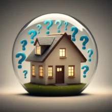 귀여운-3D-주택이-안전한-보호막-안에-있는-모습.-혼란스러운-물음표들이-보호막-밖에서-떠다니며-부동산-허위매물로부터-안전한-내집마련을-상징합니다.
